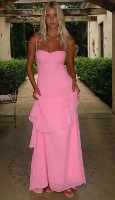 Spaghetti Strap Long Backless Pink Prom Dresses Long Evening Party Gowns