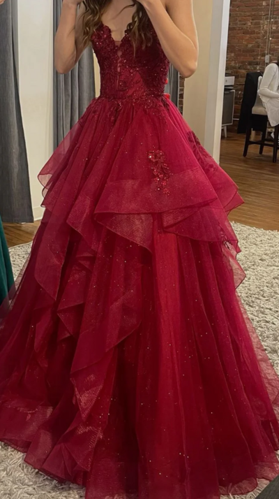 Shinny Tulle Burgundy A-Line Long Prom Dress Evening Dresses