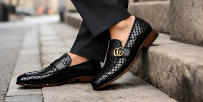 Crafted Leather Mens Classic Designer Black Woven Leather Moccasin Loafers Dress Shoes