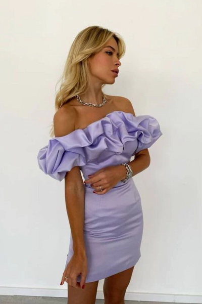 Off the shoulder tight lilac short homecoming dresses