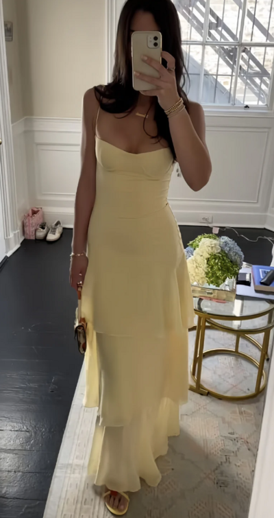 Spaghetti Straps Sheath Light Yellow Chiffon Prom Dresses Party Dress