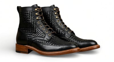 Crafted Leather Mens Designer Classic Black Woven Leather Ankle High Lace up Boot