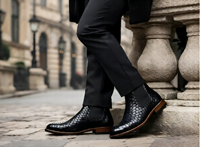 Crafted Leather Mens Designer Classic Black Woven Leather Chelsea Boot