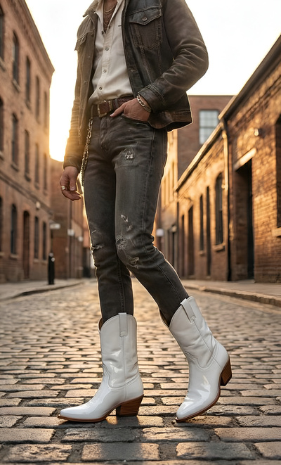 Crafted Leather Mens Designer Classic White Patent Leather Cowboy Boot