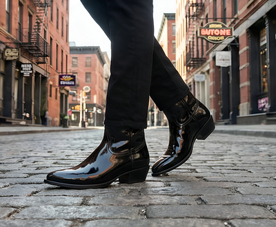 Crafted Leather Mens Designer Classic Black Patent Leather Ankle High Fashion Cowboy Boot