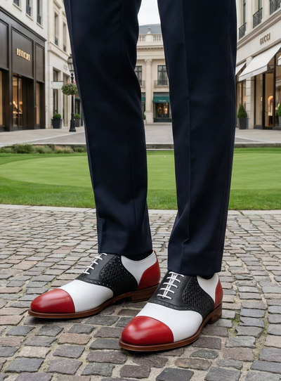 Crafted Leather Mens Designer Classic Tri Color Red White and Black Woven Leather Saddle Golf Dress Shoes