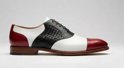 Crafted Leather Mens Designer Classic Tri Color Red White and Black Woven Leather Saddle Golf Dress Shoes