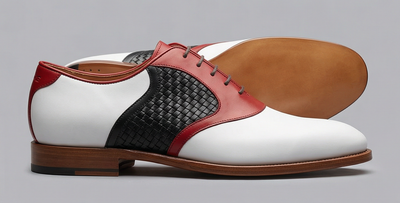 Crafted Leather Mens Designer Classic Tri Color Red White and Black Woven Leather Saddle Golf Dress Shoes