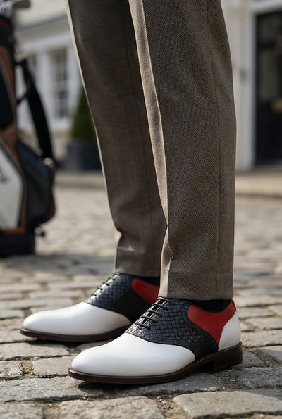 Crafted Leather Mens Designer Classic Tri Color Red White and Black Woven Leather Saddle Golf Dress Shoes