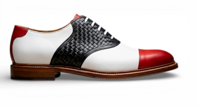 Crafted Leather Mens Designer Classic Tri Color Red White and Black Woven Leather Saddle Golf Dress Shoes