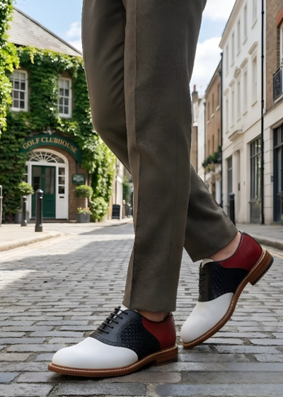 Crafted Leather Mens Designer Classic Tri Color Red White and Black Woven Leather Saddle Golf Dress Shoes