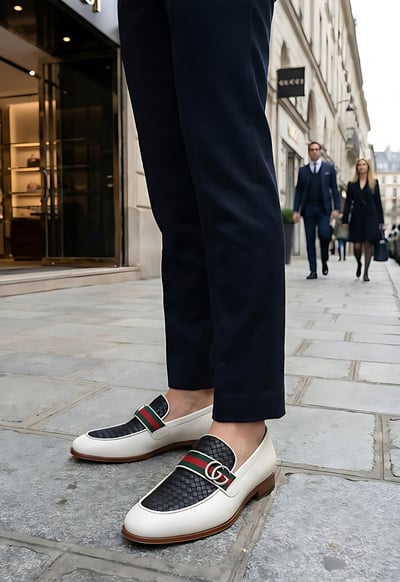 Crafted Leather Mens Designer Classic White Black Woven Leather Moccasin Loafers Dress Shoes