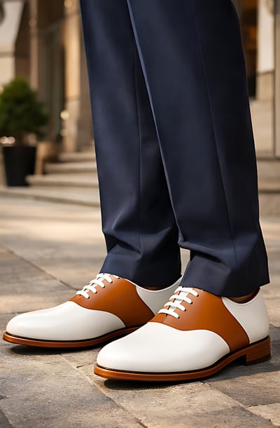 Crafted Leather Mens Designer Classic White Leather Brown Saddle Golf Dress Shoes