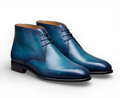 Crafted Leather Mens Designer Classic Luxury Blue Patina Leather Chukka Boot