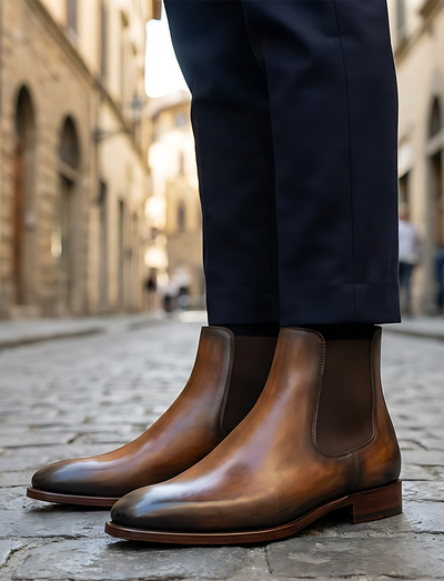 Crafted Leather Mens Designer Classic Luxury Brown Patina Leather Chelsea Boot