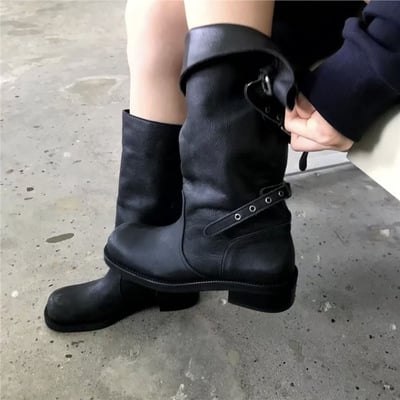 Women's flip-top slouch boots with buckle motorcycle boots