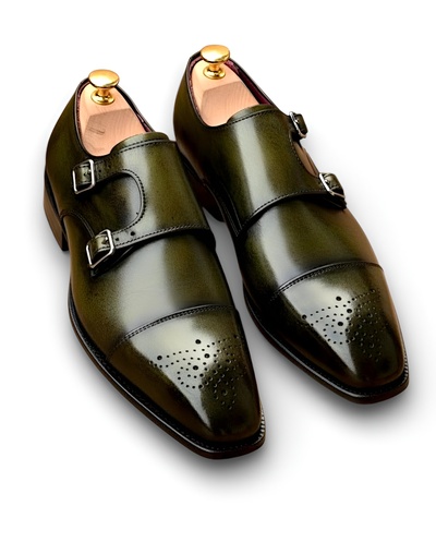 Crafted Leather Clasic Handmade Men Green Leather Monk Strap Dress Shoes