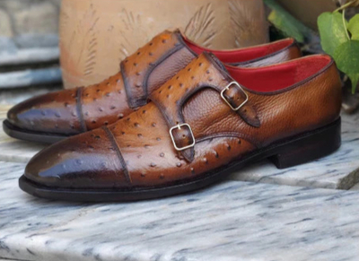 Crafted Leather Handmade Men Classic Brown Ostrich Leather Monk Strap Dress Shoes