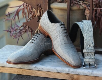 Crafted Leather Bespoke Handmade Men Crocodile Leather Classic Dress Shoes with Matching Belt