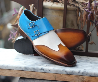 Crafted Leather Handmade Tri Tone Leather Monk Strap Dress Shoes
