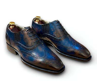 Crafted Leather Handmade Classic Derby Blue Brown Calf Oxford Dress Shoes For Men