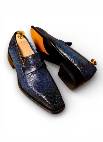 Crafted Leather Handmade Men Classic Blue Stingray Leather Moccasin Loafers Dress Shoes