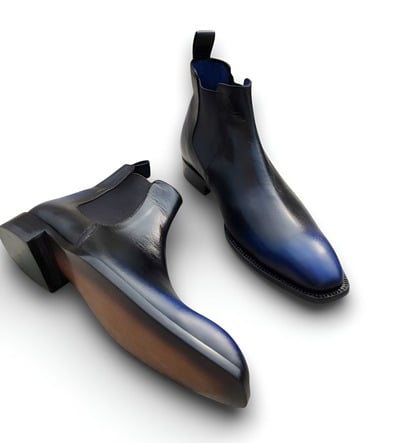 Crafted Leather Handmade Men Black Blue Shaded Leather Chelsea Boot