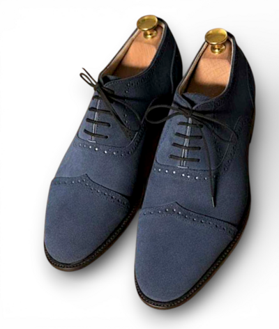 Crafted Leather Handmade Men Blue Suede Leather Wingtip Oxford Dress Shoes