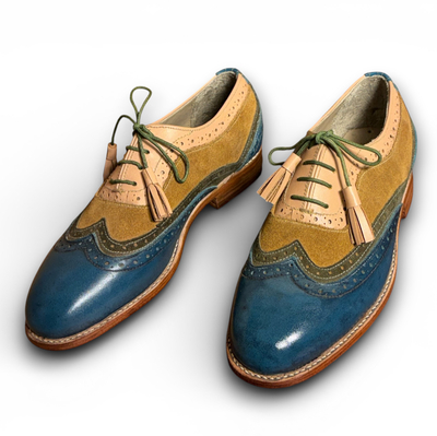 Crafted Leather Handmade Men Blue Calf and Brown Suede Leather Wingtip Oxford Dress Shoes