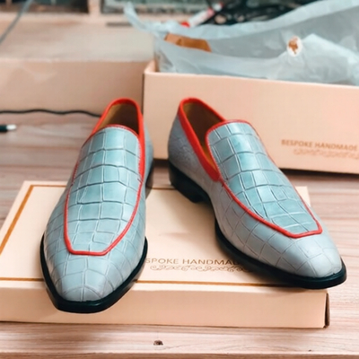 Crafted Leather Handmade Men Classic Loafers Gray Crocodile/Alligator Leather Dress Shoes