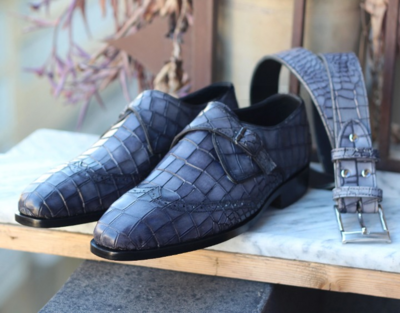 Crafted Leather Handmade Men Gray Crocodile/Alligator Leather Dress Shoes