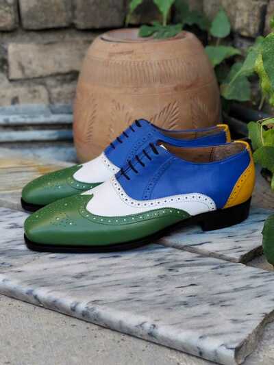 Crafted Leather Handmade Men Tri Tone Leather Oxford Wingtip Dress Shoes