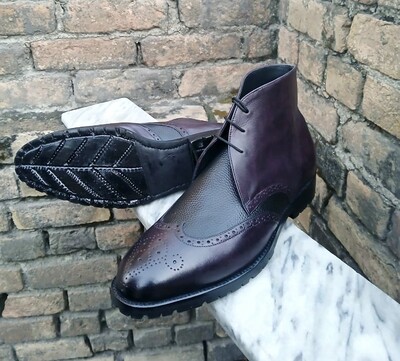 Crafted Leather Handmade Men Purple Black Grain Leather Classic Chukka Boot