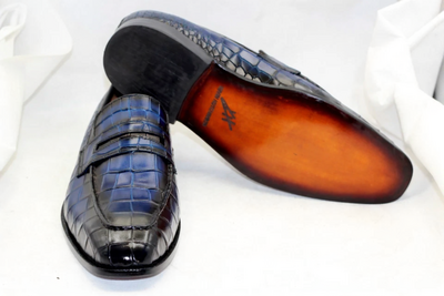Crafted Leather Handmade Blue Patina Crocodile/Alligator Loafers Dress Shoes