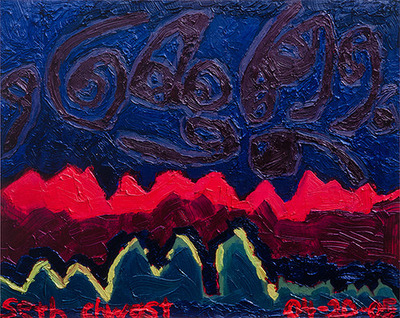 Photo Print: Northern Lights Swirls with Pine Trees and Red Mountains