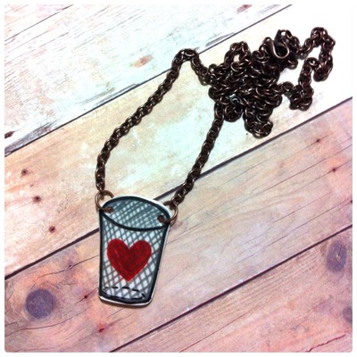{shrinky dink} heart in a trash bin necklace