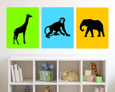 Set of three 8"x10" Jungle (Monkey, Giraffe, Elephant) Animals Poster Prints / Wall Art