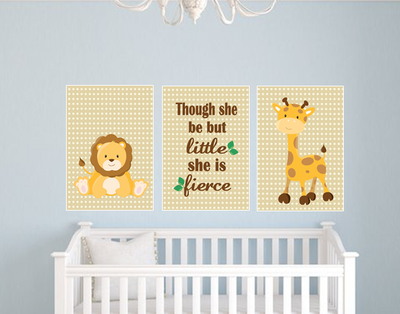 Set of three 11"x14" Safari (Giraffe, Lion) Animals with Polka Dots Poster Prints / Wall Art