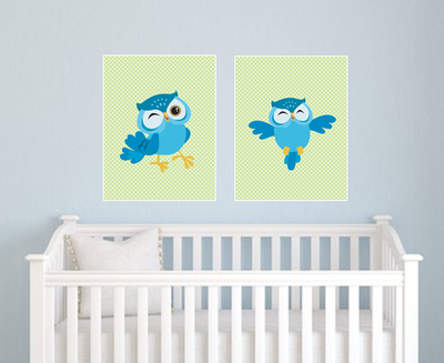 Set of two 11"x14" Owl with Polka Dots Poster Prints / Wall Art