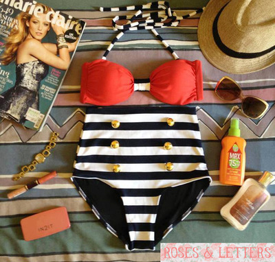 Kelly - Retro Vintage Pin Up Handmade Red Black White Stripes High Waist Bikini Swimsuit Swimwear