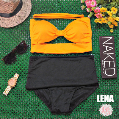 Lena - Retro Vintage Pin Up Handmade Orange Black Cut Out Bandeau High Waist Bikini Swimsuit Swimwear
