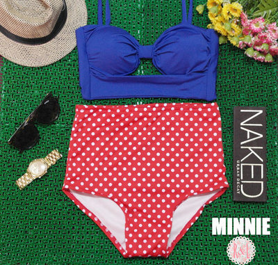 Minnie - Retro Vintage Pin Up Handmade Red Blue Polka Dot Cut Out Bandeau High Waist Bikini Swimsuit Swimwear
