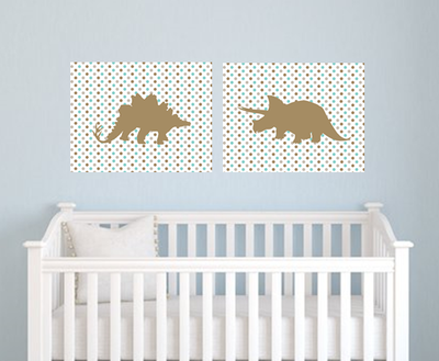 Set of two 11"x14" Dinosaur Silhouettes with Polka Dots Poster Prints / Wall Art
