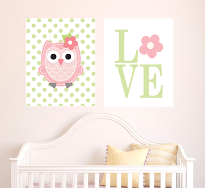 Set of two 11"x14" Owl with Polka Dots and LOVE with Heart Poster Prints / Wall Art