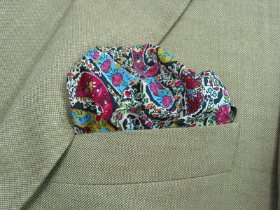 Mens Pocket Square - Dark pink, blue and black pasiley