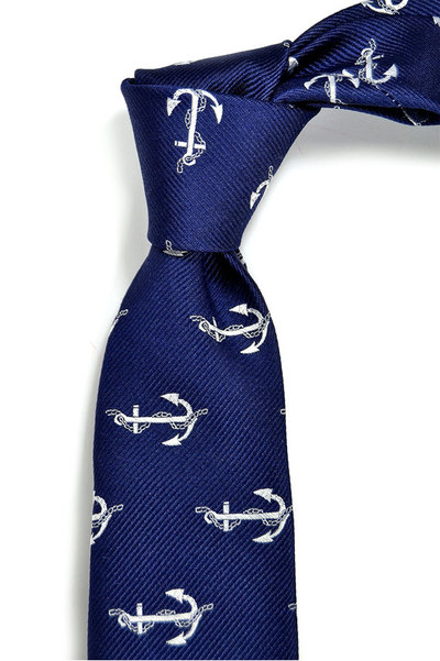 Silver anchors in navy blue Silk Necktie - High Quality Woven Silk Necktie- men tie