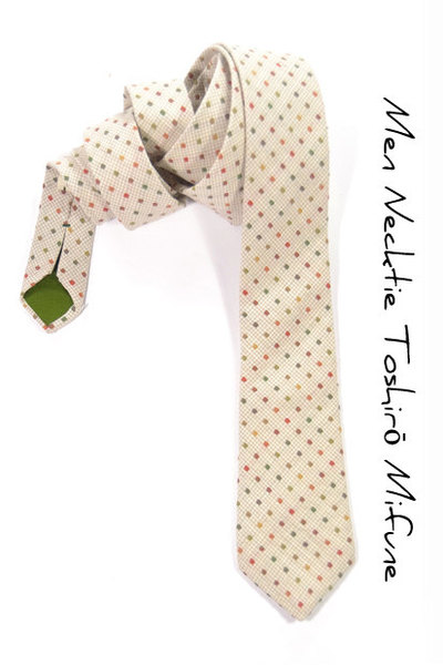 Men Necktie Toshiro Mifune - Woven yarn dyed cream with orange, green, yellow dots tie
