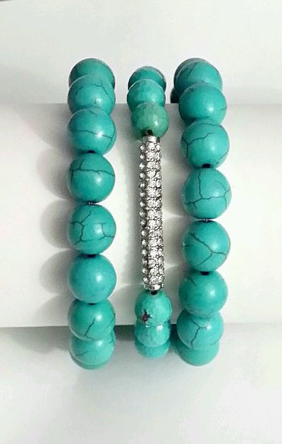 3 turquoise stretch shamballa style bracelets