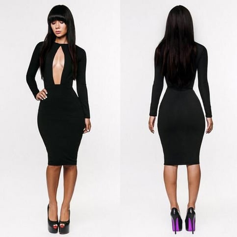 Long Sleeve Open Front Knee Length Fitted Dress