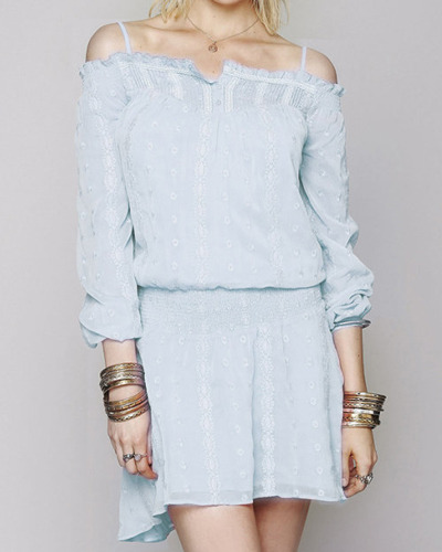 Off Shoulder Long Sleeve Embroided Dress